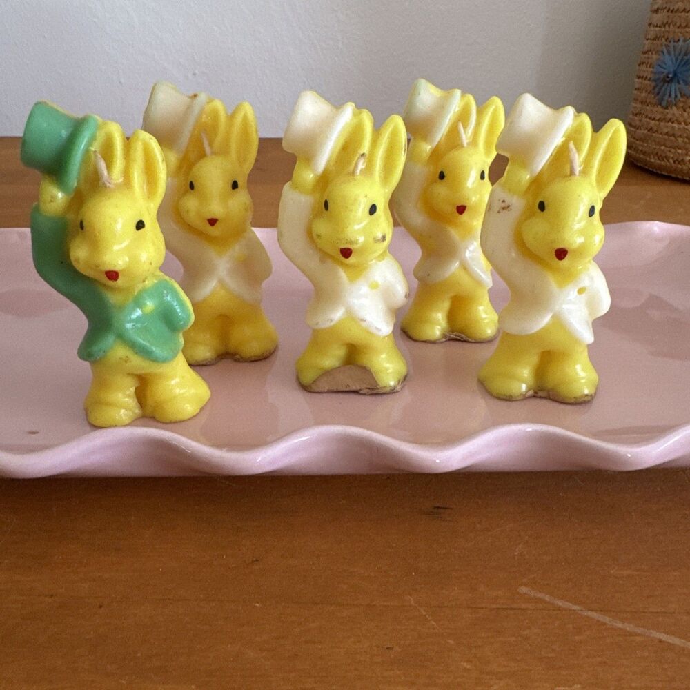 Vintage Gurley Candle Co Yellow Rabbits Top Hats, Lot of 5, Unburned 3.5 Inch